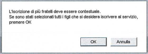 Se non si richiede l iscrizione di tutti i figli già presenti al sistema compare un messaggio che ricorda che la domanda d iscrizione al servizio di refezione è unica.