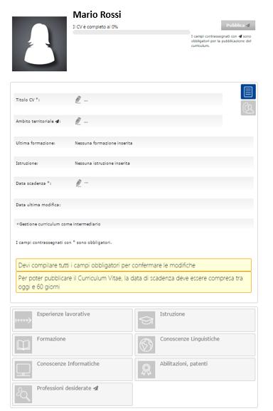 Figura 52 Dati generali Nella sezione del CV contraddistinta dall icona dovranno essere inseriti i dati generali ovvero: Titolo CV : titolo che si vuole dare al CV da pubblicare; Ambito territoriale