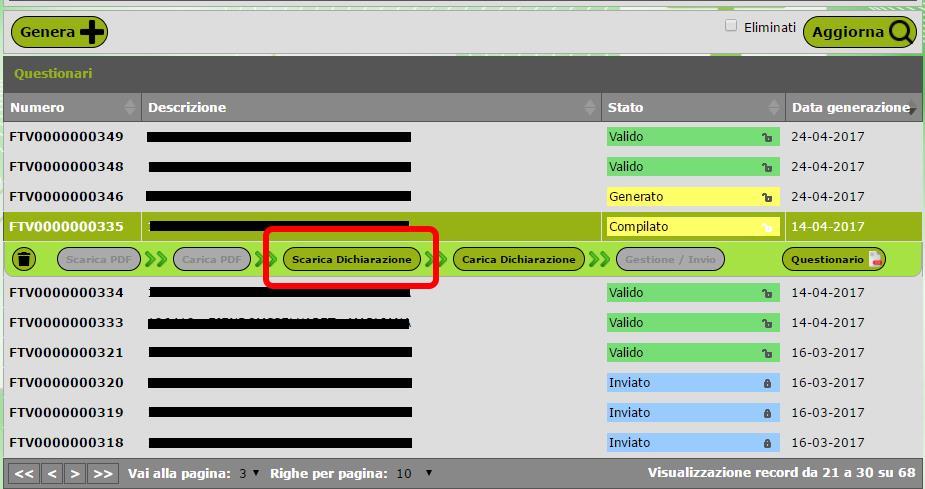 Appena caricato il questionario, viene abilitato il pulsante Scarica Dichiarazione (Figura 12:Pulsante Scarica Dichiarazione ) solo