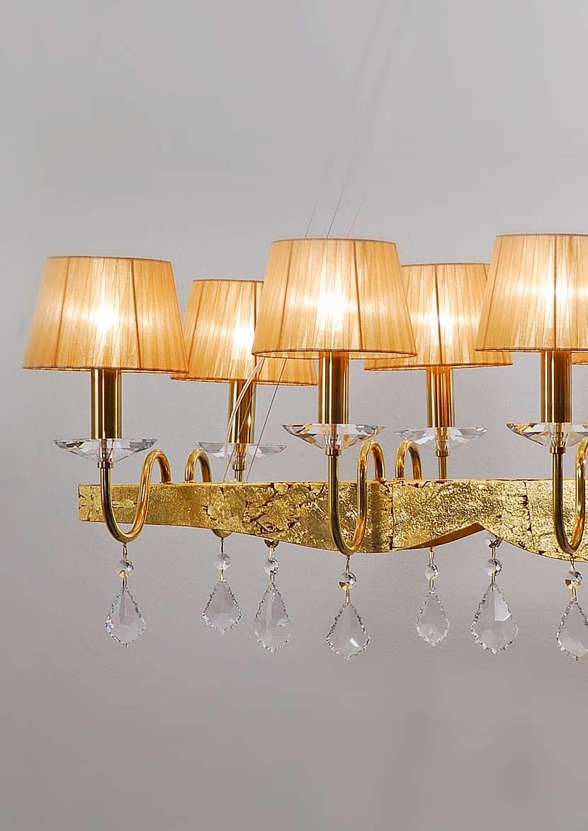 4789/10 D 110cm H 100cm L 50cm 10x60W E14 + 3 led1w 4789/10 montatura in ottone brunito lucido e foglia oro, cristallo