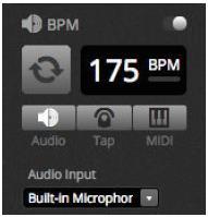 LIVE (continua) Attivazione BPM Sono disponibili varie e differenti opzioni di sincronizzazione BPM: Audio - analizza il segnale audio in ingresso per calcolare i BPM (è possibile selezionare qui