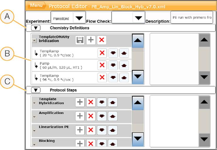 Figura 38 Protocol Editor (Editor protocolli), fasi espanse Modifica dei protocolli A B C Sezione Chemistry (Chimica) Sezione Chemistry (Chimica) espansa Sezione Protocol (Protocollo) Icone di