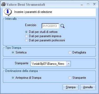 L Utente deve selezionare l esercizio rispetto al quale effettuare la stampa e l elaborazione che gli è necessaria: dati per studi di settore, dati per parametri impresa o dati per parametri