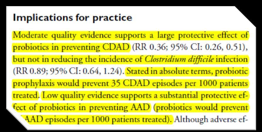 23 trials, 4213 soggetti RISULTATI: riduzione del rischio di CDAD del 64% nel gruppo