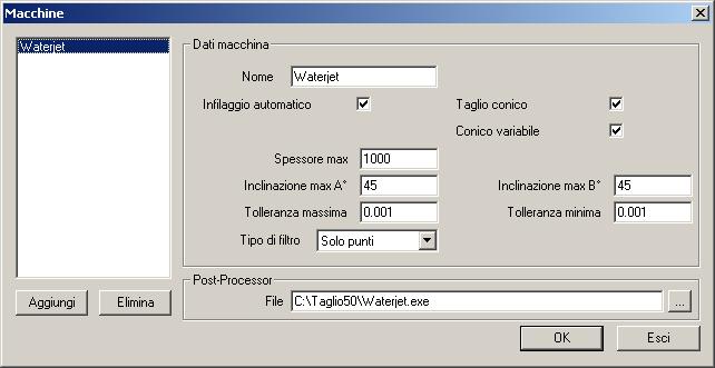 a. Cliccate sul tasto MACCHINE. Se non avete una macchina configurata aggiungetene una nuova. Spuntate INFILAGGIO AUTOMATICO, TAGLIO CONICO e CONICO VARIABILE.