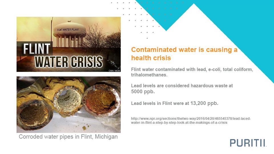 Tubazioni corrose a Flint, Michigan Nella cittadina di Flint in Michigan l acqua contaminata ha causato una emergenza sanitaria La vecchia ed obsoleta rete idrica di Flint fu contaminata da Piombo,