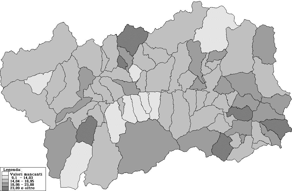 Figura 2 Percentuale di popolazione anziana per comune in Valle d Aosta. Anno 2002.