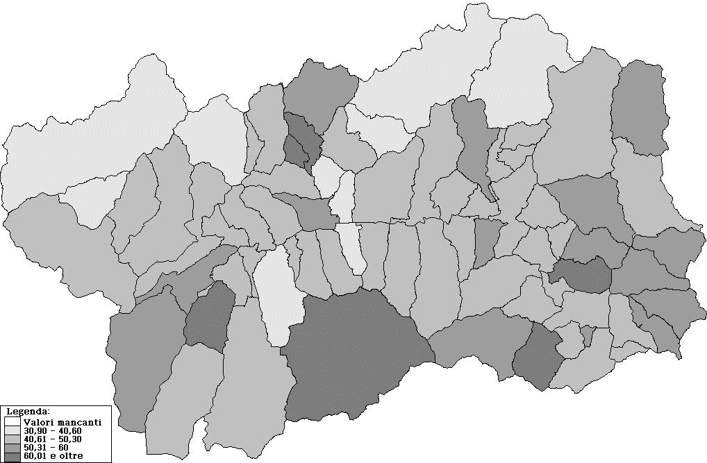 Figura 4 Indice di carico sociale per comune in Valle d Aosta. Anno 2002. Fonte: Elaborazione dell Osservatorio Regionale Epidemiologico e per le Politiche Sociali su dati Istat 2002 3.