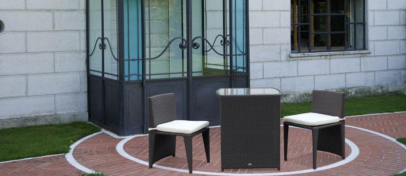 TAVOLARA Mobili patio in polyrattan piatto stretto, struttura acciaio verniciato. Completo di cuscini.