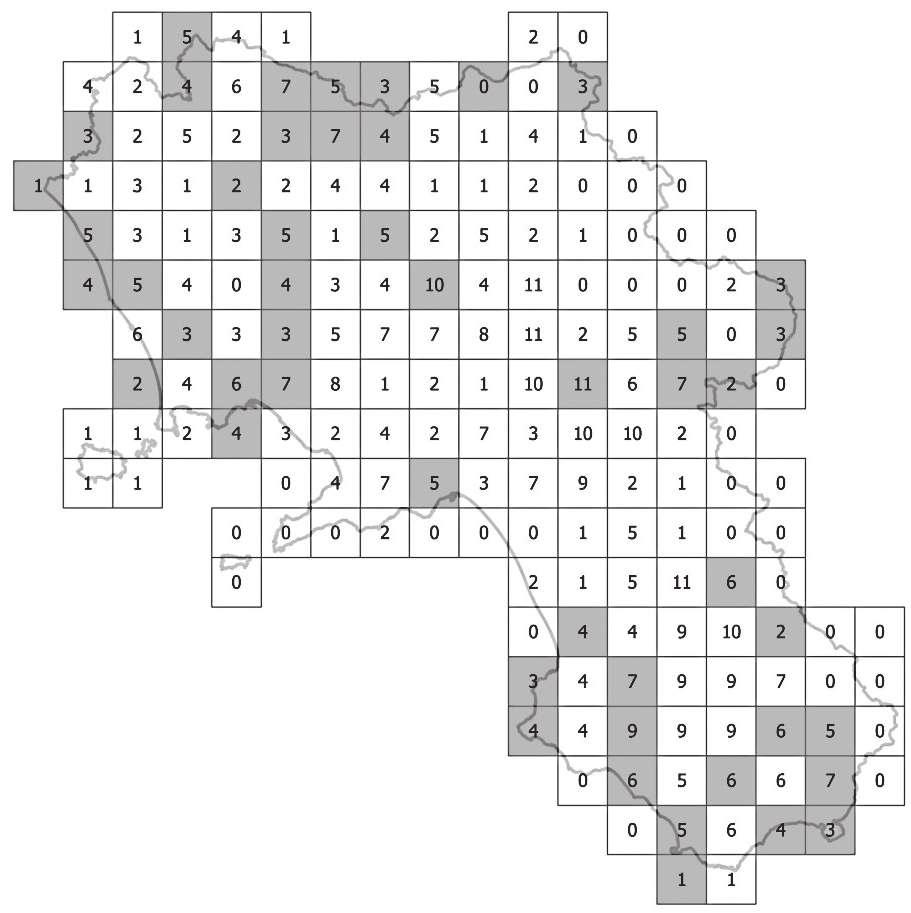 Fig. 2. Quadro di sintesi relativo al numero totale di specie di anfibi per quadrante UTM 10x10 km della Campania. I quadranti in grigio sono quelli aggiornati dal presente lavoro.