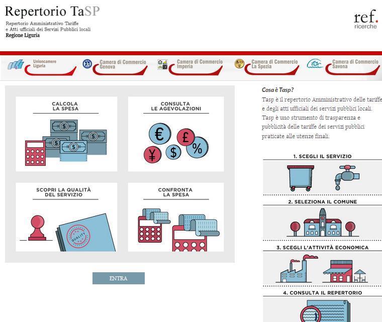 Tariffe pubbliche in Liguria: il servizio TaSP 4 La Camera di Commercio a servizio dell impresa: http://liguria.