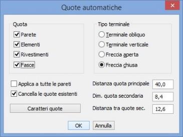 Si aprirà la maschera visibile sulla sinistra, in cui impostare le caratteristiche delle quote che stanno per essere disegnate, tra cui cosa quotare tra gli elementi presenti in parete (gruppo