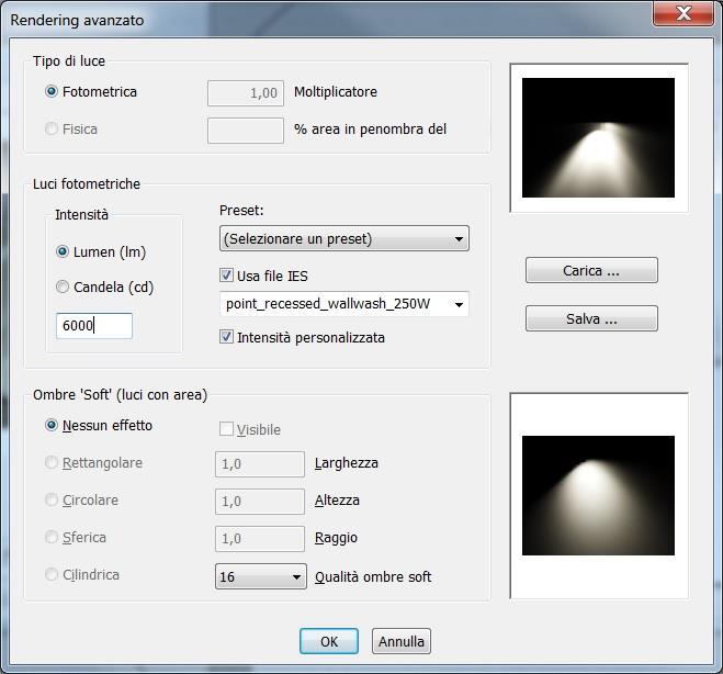 Capitolo 5 Rendering Ombre Soft (luci con area): quando questa opzione non è attiva (Nessun effetto), la luce è di tipo puntiforme e genera ombre nette.