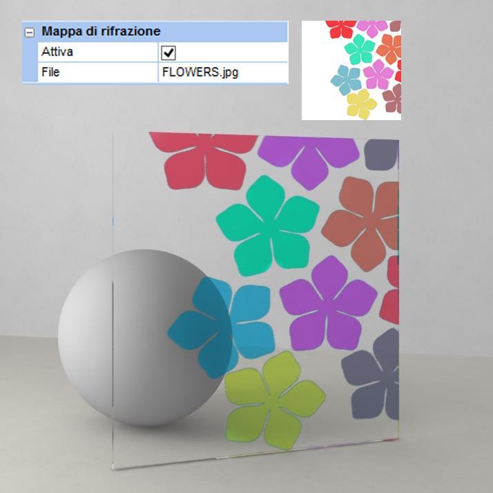 E possibile assegnare una mappa di rifrazione colorata per simulare l effetto di vetri con decori multicolore.