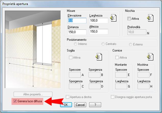 Capitolo 5 Rendering Tutte le aperture hanno questa caratteristica attivata in modo standard: se la si vuole disabilitare, si richiami la finestra Proprietà apertura e si tolga il segno di spunta