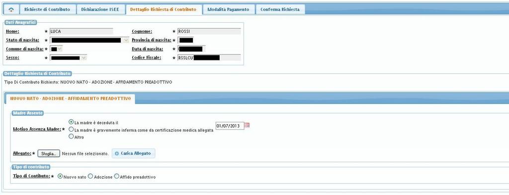 SAF45 Manuale Utente Figura 10 Caso nuovo nato, adozione, affido preadottivo Questa tipologia, visualizzata in Figura 10, è da scegliere se la richiesta di contributo è relativa ad un figlio nuovo