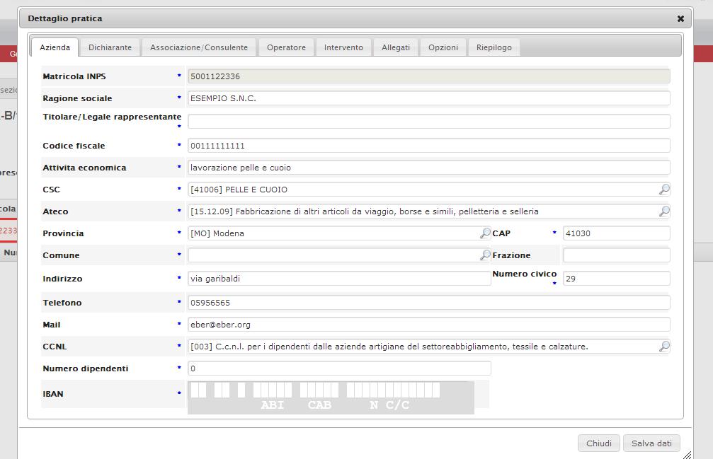 Sezione AZIENDA La sezione AZIENDA espone i dati contenuti in Banca Dati e richiede l integrazione dei dati mancanti: TITOLARE - TELEFONO EMAIL CODICE ATECO CCNL - IBAN Nei campi ATECO e CCNL,