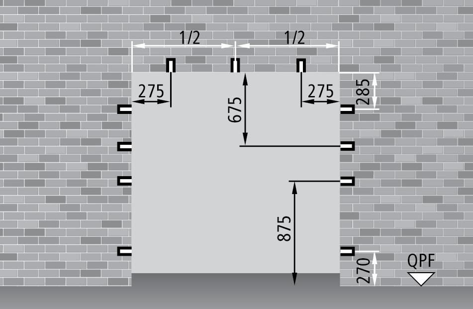 Si consiglia di creare gli scassi adeguati nella parete (sezione 80 x 200 mm).