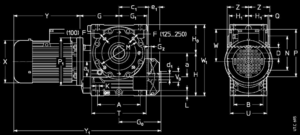 10 - Esecuzioni, dimensioni, forme costruttive e quantità d olio 10 - Designs, dimensions, mounting positions and oil quantities MR IV 100... 250 UT.