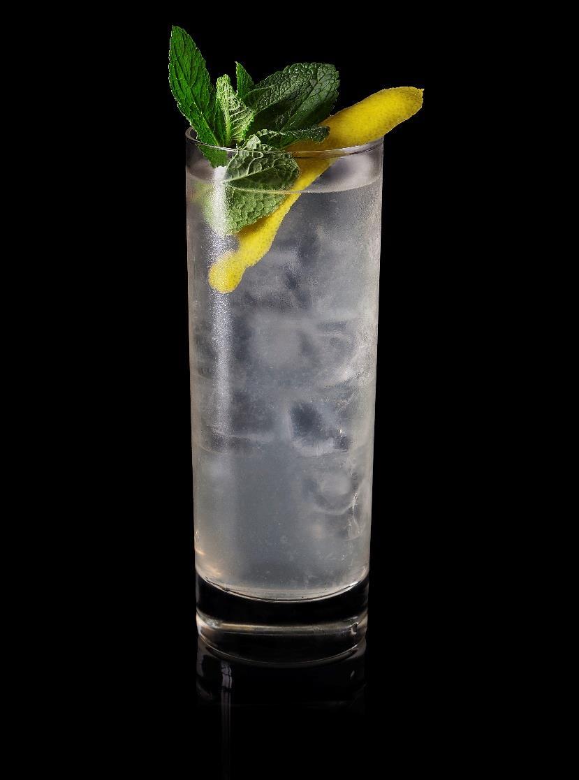 Rock & Soul 40 ml Gin Bacur 80 ml Birra allo zenzero Succo di limone Cubetti di ghiaccio Rametto di menta fresca Buccia di limone Pepe nero appena macinato Versare gli