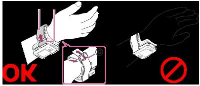 verso le dita. Far passare il cinturino in come mostrato nella figura in basso a sinistra Dopo aver fissato, spostare per coprire l estremità di.