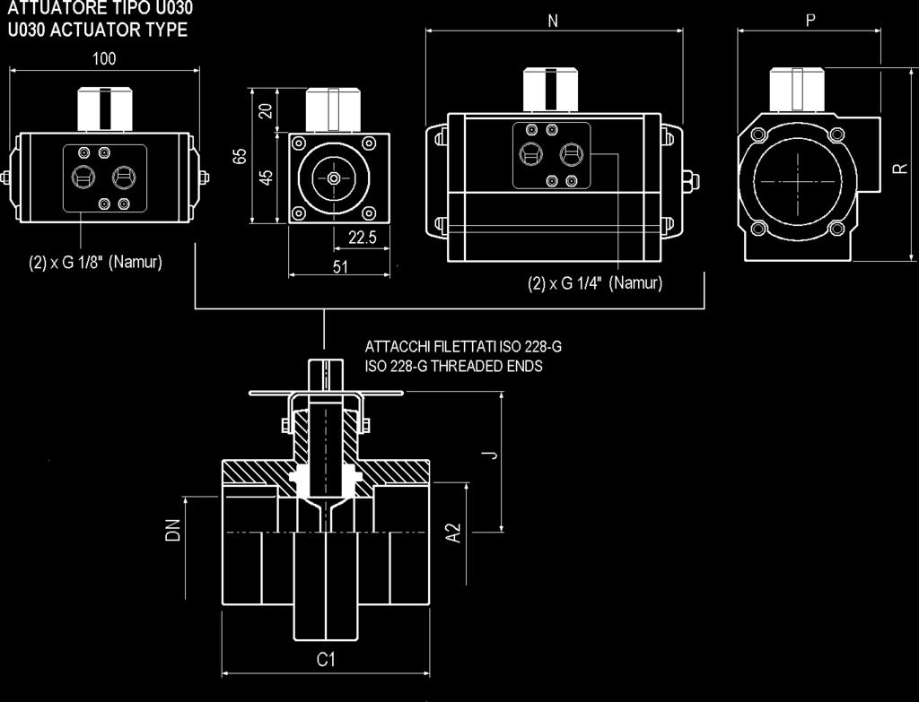 Corpo di A304 / A316 BUTTERFLY VALVES WITH PNEUMATIC ACTUATOR - A304 / A316 SS Body DIMENSIONI - DIMENSIONS (mm.) DN Funzione Misura Att.