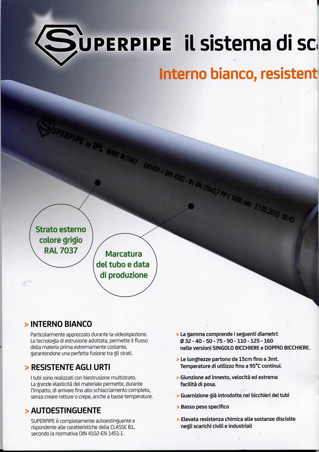 UPERPIPE il sistema di se Interno bianco, resisterli Strato esterno colore grigio RAL 7037 Marcatura del tubo e data di produzione > INTERNO BIANCO Particolarmente apprezzato durante la