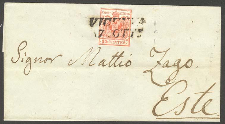 L annullo a STAMPATELLO INCLINATO (lunghezza mm. 30) di origine prefilatelica, è stato utilizzato a partire dal Gennaio 1847 fino all Aprile 1852. Lettera spedita da Vicenza il 7.10.