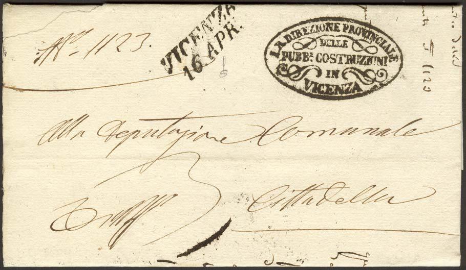 LETTERA IN FRANCHIGIA Lettera spedita da Vicenza il 16.4.1851, diretta a Cittadella. Documento di carattere amministrativo spedito dall I.R. Direzione Provinciale delle Pubb.