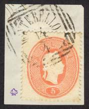 TERZA EMISSIONE Frammento di lettera, con un francobollo da 5 soldi rosso, emissione del 1861 per il Veneto e la provincia di