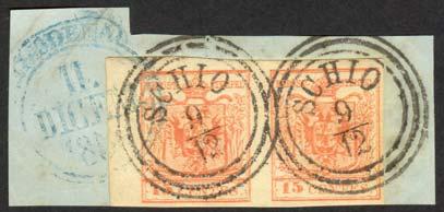 1857, diretta a Venezia, affrancata in tariffa per la seconda distanza, mediante un francobollo da 30 centesimi bruno rosso, secondo tipo, carta a