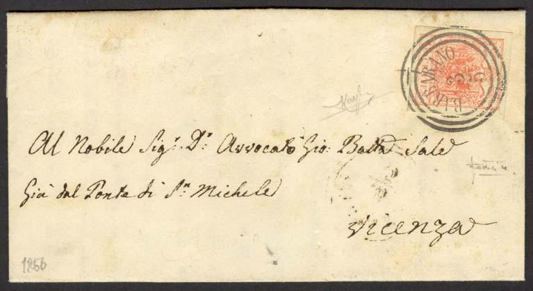 1856, diretta a Vicenza, affrancata in tariffa di primo porto mediante un francobollo da 15 centesimi