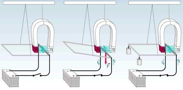 collegato ad una batteria ed a un interruttore, se si chiude il circuito il filo subisce una forza che lo spinge verso il basso.