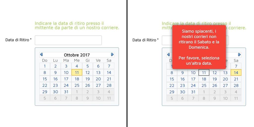 Subito dopo i dati del Mittente, nel modulo è presente un CALENDARIO in cui si dovrà selezionare la data di ritiro del pacco da parte del nostro vettore, presso appunto il domicilio del mittente