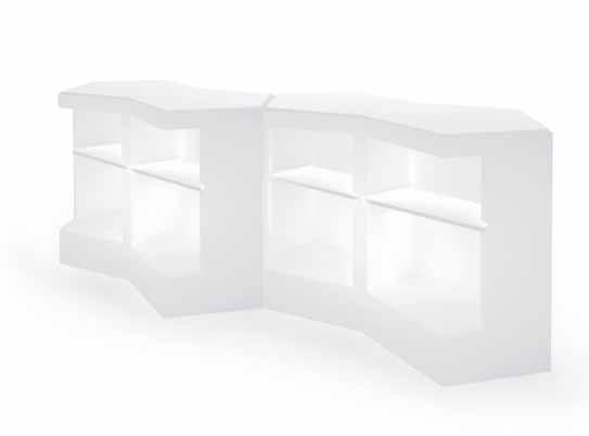 Può avere mensole interne, top per completare la parte superiore e kit di illuminazione accessori. Modular bar counter or buffet high table.