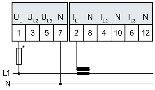 Tipo di connessione Schema di collegamento Osservazioni 3P4W Qualsiasi carico Misura trifase, 4 fili Collegamento con tre convertitori di corrente 1P2W Misura monofase, 2 fili Misura in una rete a