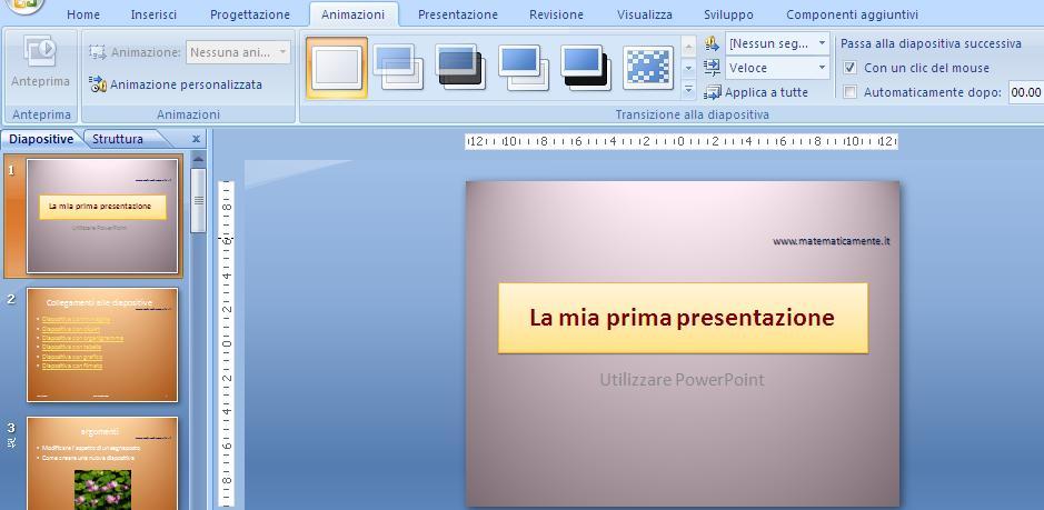 G. Pettarin - Presentation Modulo 6 - Nuova ECDL Effetti di transizione Effetto sonoro Velocità transizione La scheda Animazioni Nel riquadro Transizione