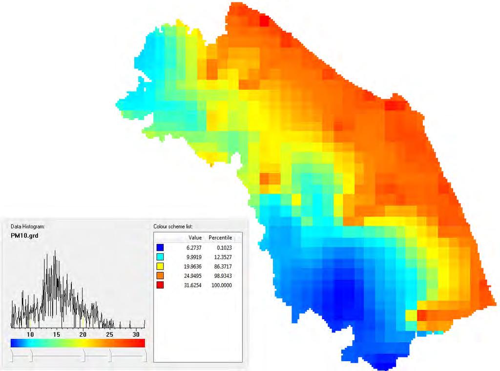 3.2. PM 10 I valori delle concentrazioni del PM 10 stimate dal modello, con la relativa distribuzione in quintili nelle celle territoriali, sono stati riportati sulla mappa in Figura 2; i colori