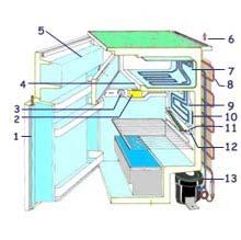 Il frigorifero domestico Serbatoio di liquido Capillare di laminazione Interno Esterno Porte del frigo (1 e 5) Termostato (2) Manopola del termostato (3) Scomparto a bassa temperatura (4) Griglia per