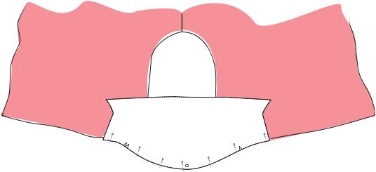 2. Facendo coincidere i segni, allinea il colmo della manica con lo scalfo. Dovrai tirare leggermente lo scalfo verso l'interno, come illustrato, per allineare i segni. Ferma con gli spilli.