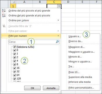 1. Nel gruppo Ordina e filtra della scheda Dati fare clic su Filtro. 2. Fare clic sulla freccia nell intestazione di colonna per visualizzare un elenco in cui selezionare le opzioni di filtro.
