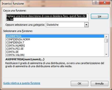 In questa finestra è possibile: ricercare la funzione desiderata compilando il campo della ricerca libera Cerca una funzione oppure selezionando una categoria.