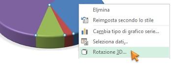 Grafico a torta: la rotazione 3D Dopo aver creato un grafico, è possibile per facilitarne la lettura cambiare la prospettiva 3D e ruotarlo sul proprio asse o inclinarlo.