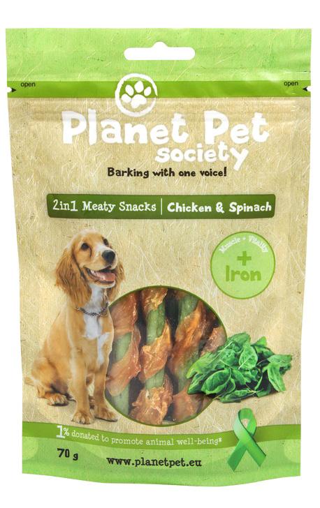 Questo snack di Planet Pet Society unisce il gusto del pollo a quello della patata dolve, ricca fonte di vitamine.