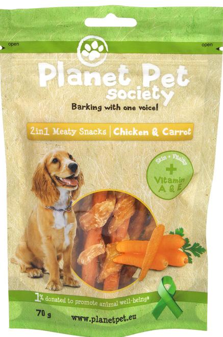 Questo snack di Planet Pet Society unisce il gus pollo a quello della mela, ricca fonte di fibre.