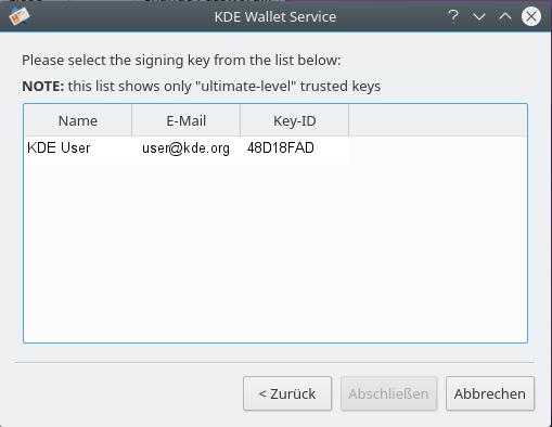 Se è stata trovata una chiave GPG, si otterrà la seguente finestra in cui è possibile selezionare un chiave da utilizzare per il nuovo portafogli.