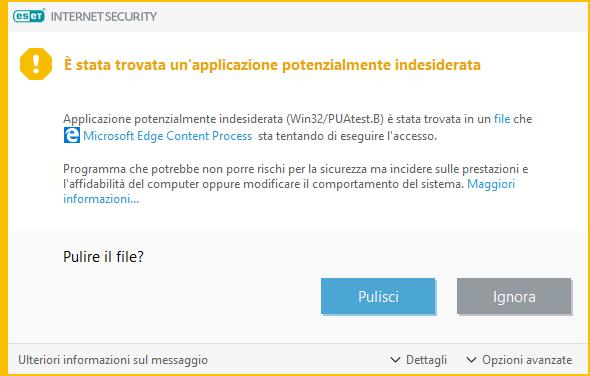 6.1.9 Applicazioni potenzialmente indesiderate Un'applicazione potenzialmente indesiderata è un programma che contiene adware, installa barre degli strumenti o si prefigge altri obiettivi poco chiari.