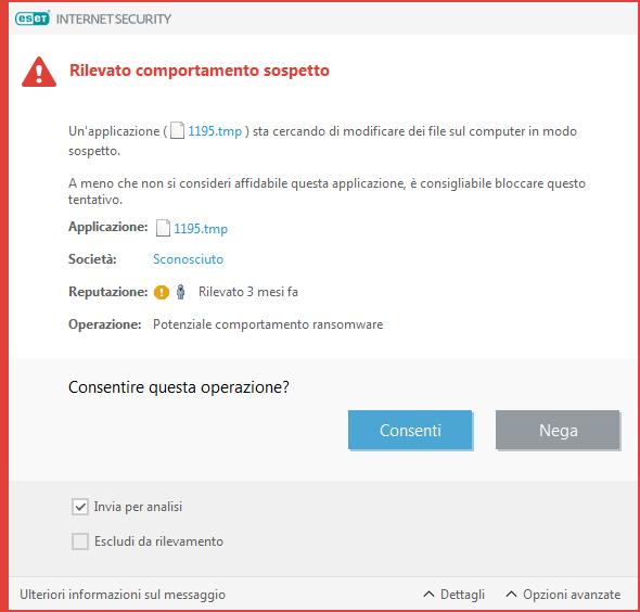 4.1.4.3 Rilevato potenziale comportamento ransomware Questa finestra interattiva comparirà quando viene rilevato un comportamento che indica la presenza potenziale di ransomware.