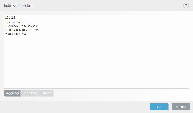 4.2.3.3 Indirizzi IP esclusi Le voci presenti nell'elenco saranno escluse dal filtraggio del contenuto del protocollo.