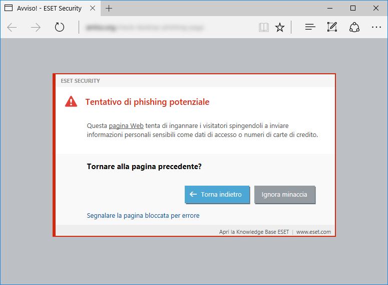 Accesso ad un sito Web phishing Accedendo a un sito Web phishing riconosciuto, nel browser Web in uso comparirà la seguente finestra di dialogo.